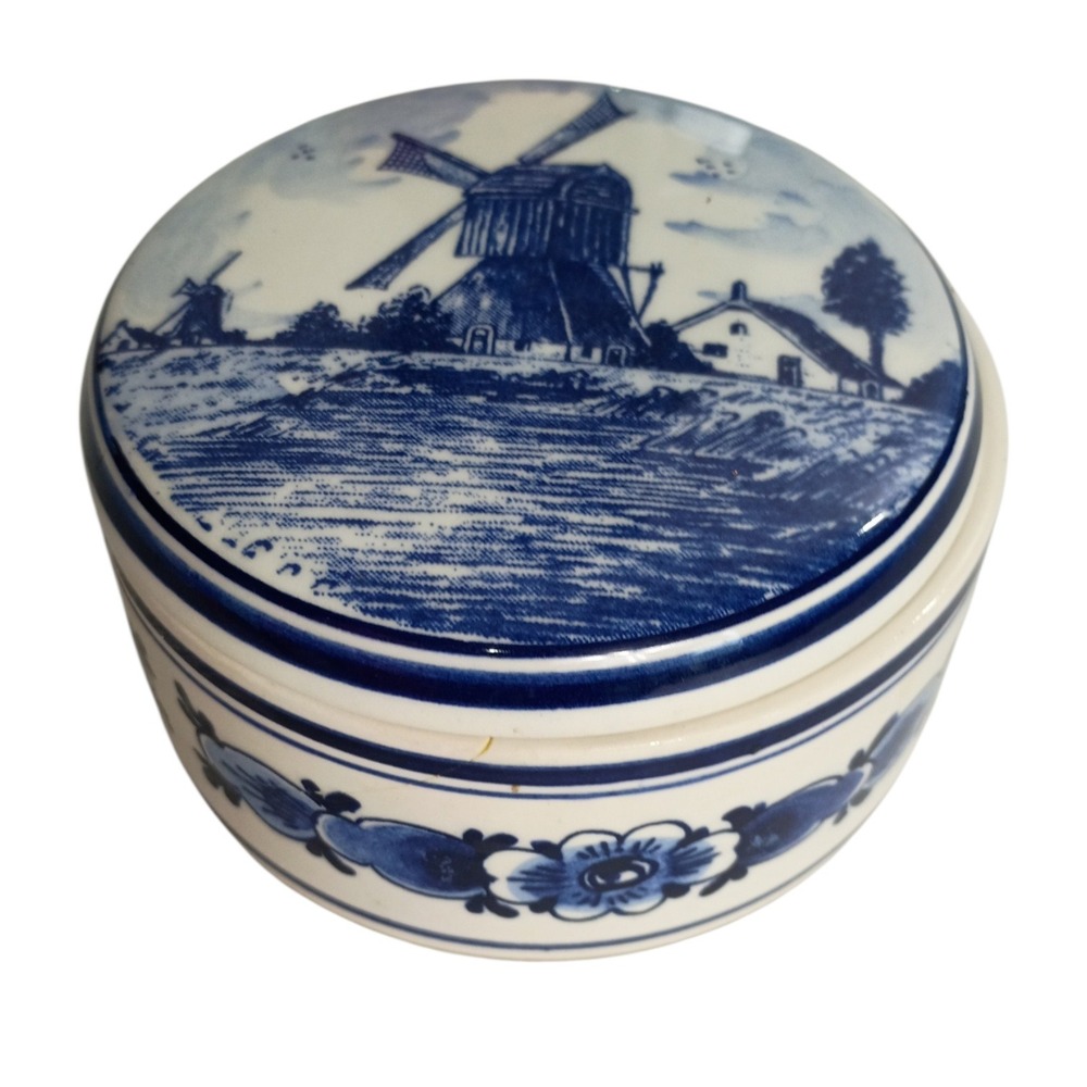 Vintage Delft Blue Handwork‎ Trinket Box Windmill Made in Holland Floral Round